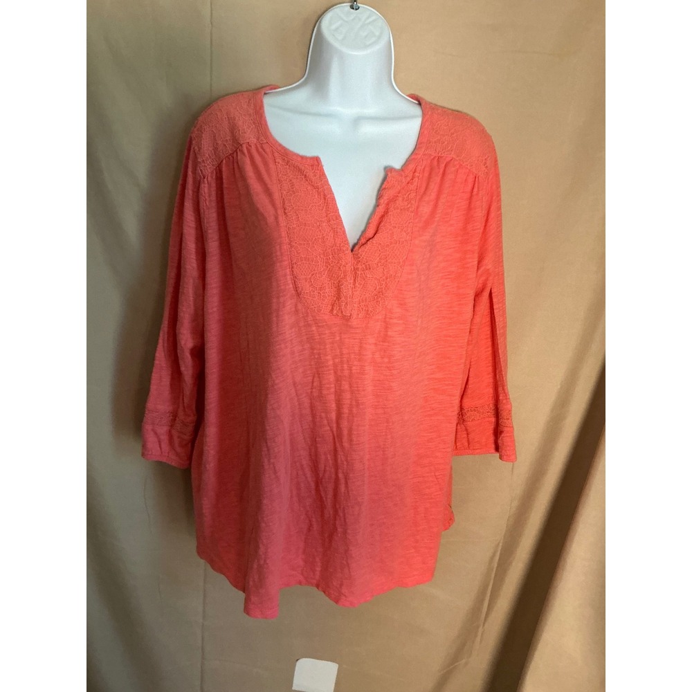 Sonoma Blouse Womens 1X Coral Pink Excellent Lace Trim 3/4 Sleeve Slub Knit Top
